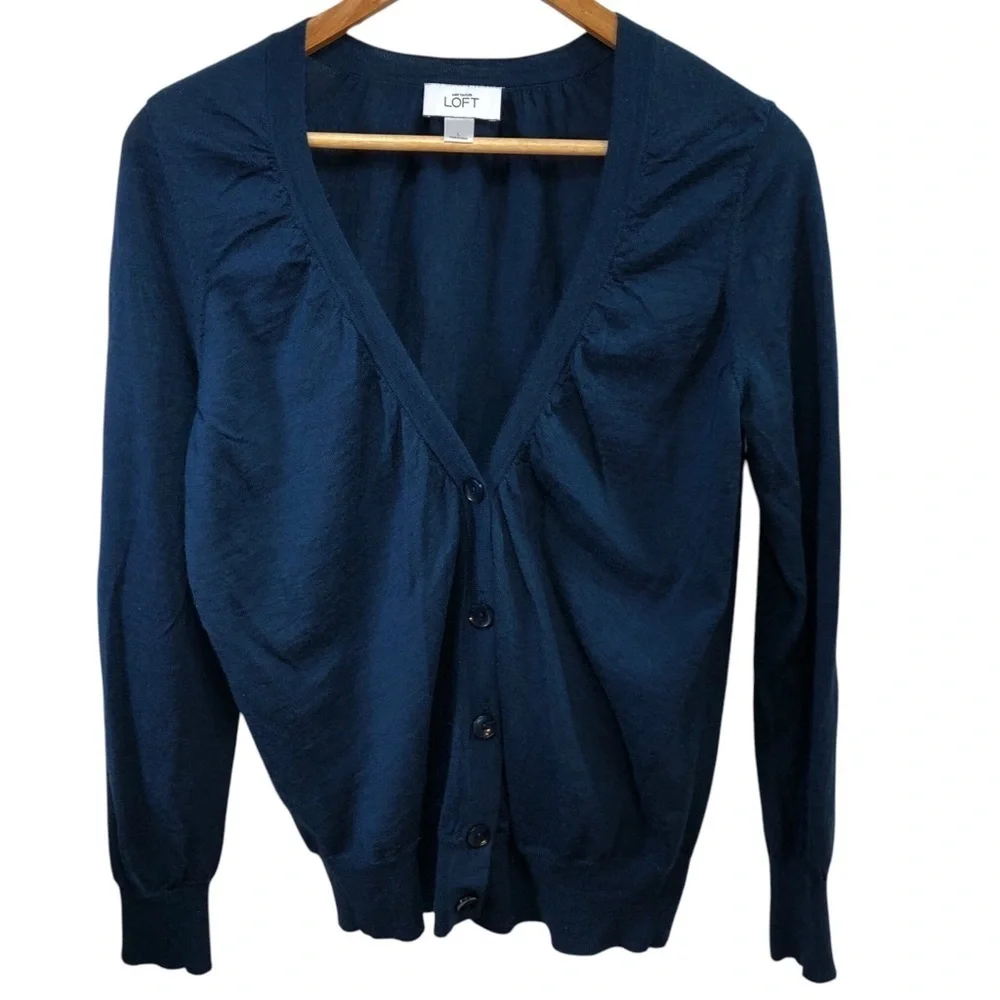 Loft Button Front Blue Cardigan Women's L Wool Blend Ruched Classic Feminine